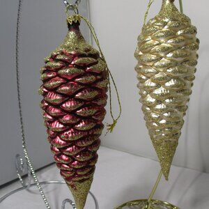 2 Large Glittery Glass Pinecone Christmas Holiday Tree Ornaments